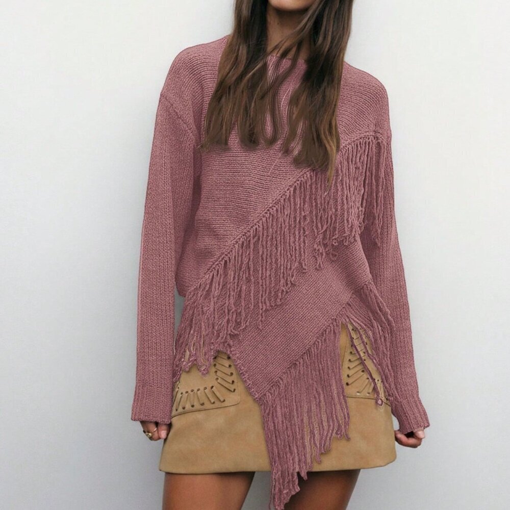 Dusty Pink Casual Women's Knit Sweater with Fringe